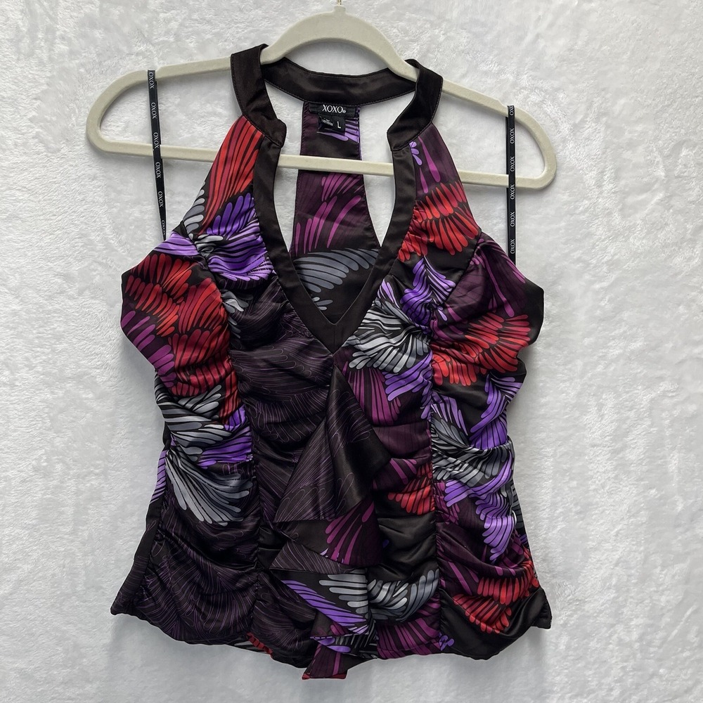 XOXO Y2K Satin Racerback Top Womens Large Floral Ruffle Side Zip Whimsigoth